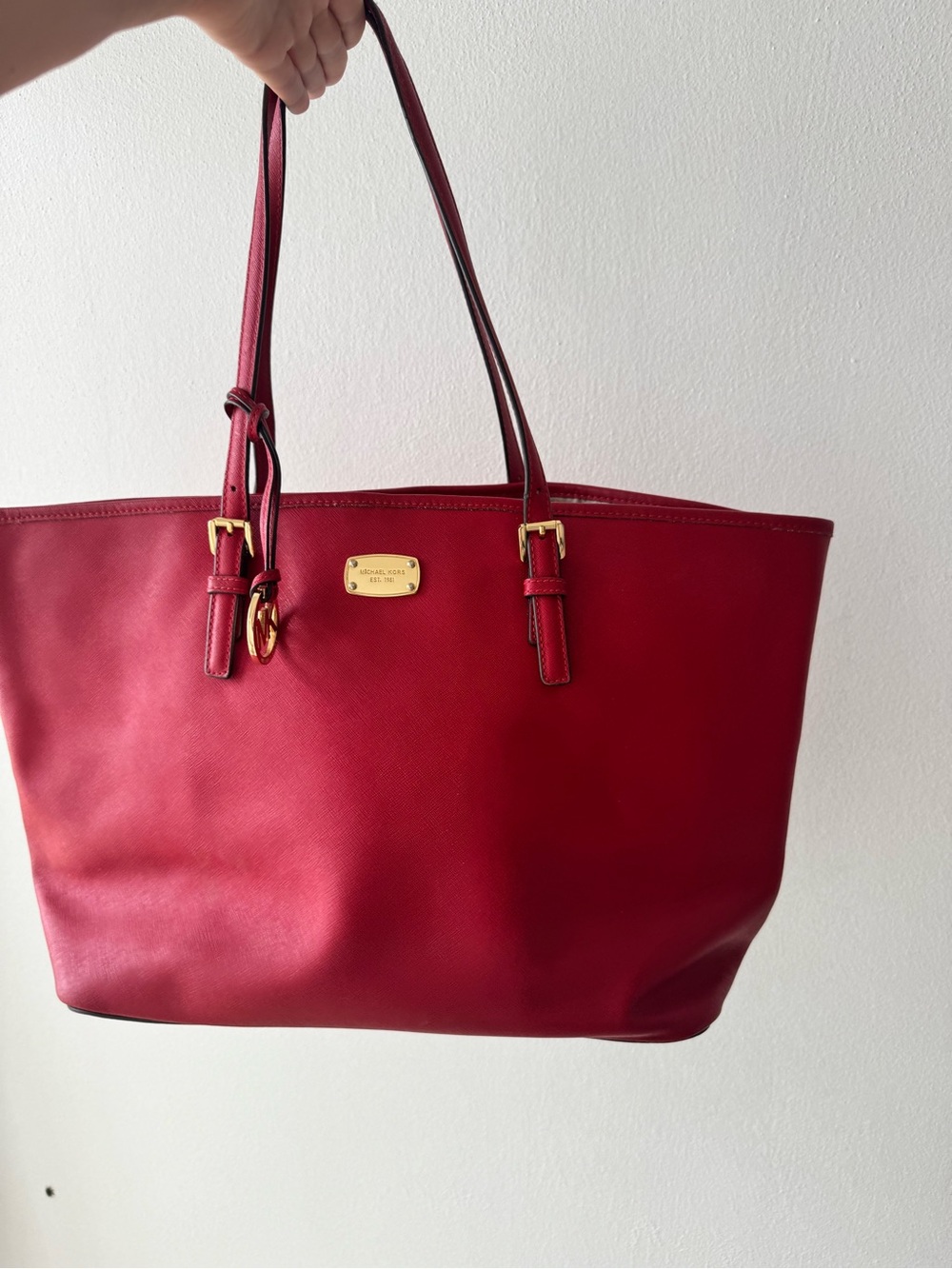 Michael Kors Cherry Red Saffiano Tote with Gold Hardware